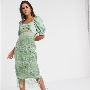 ASOS DESIGN fringe lace midi dress in sage